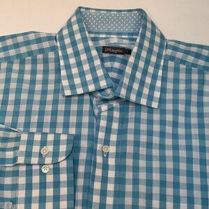 J.McLaughlin Shirt Mens Large Button Up Gingham Check Blue Aqua 100% Cotton